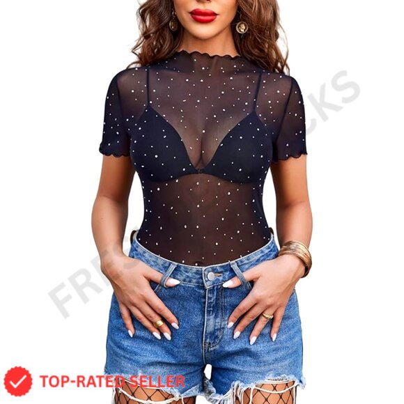 Tops - Mesh Rhinestone Blouse Sheer Sparkly Party Top Y2K Chic Going Out Wear